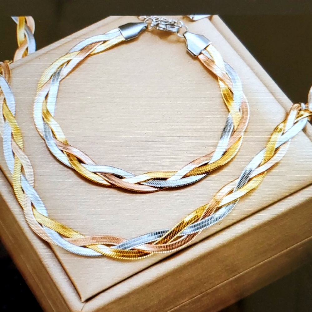 316L Stainless Steel  Braided Herringbone Chain Necklace  Bracelet Set